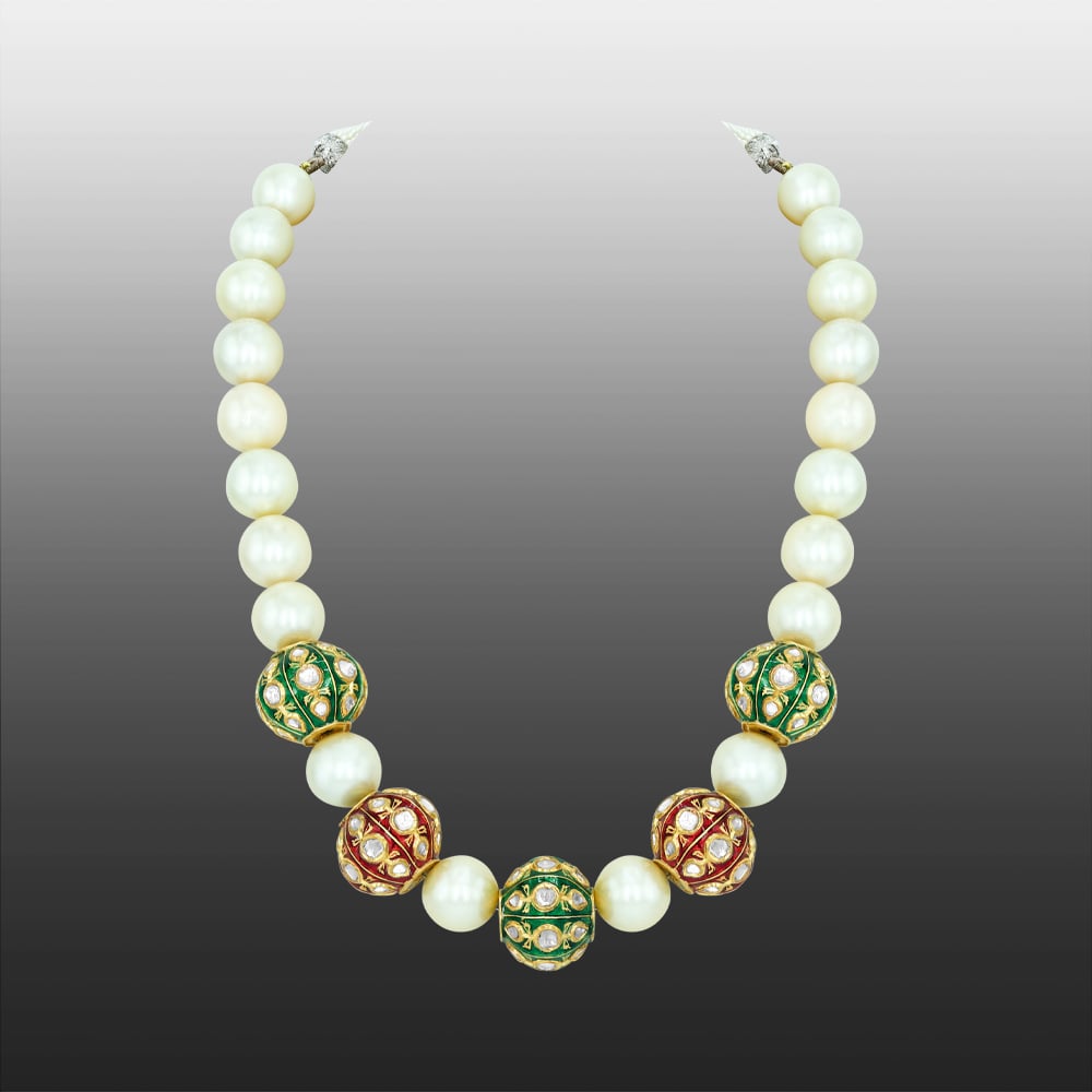 South Sea Pearl Necklace with Polki Red and Green Enamel Beads